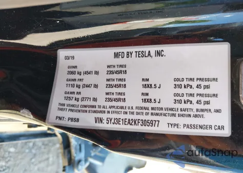2019 Tesla Model 3 Long Range/Mid Range/Standard Range/Standard Range Plus из США, поврежденный, VIN 5YJ3E1EA2KF305977